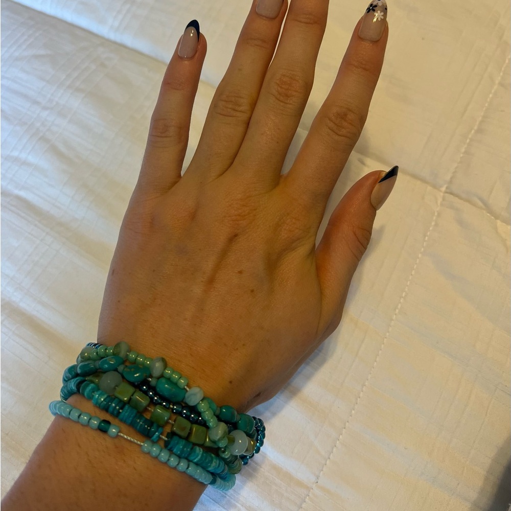 Handmade Turquoise/Green Beaded Bracelet Set – Stackable Boho Wrap Bracelets